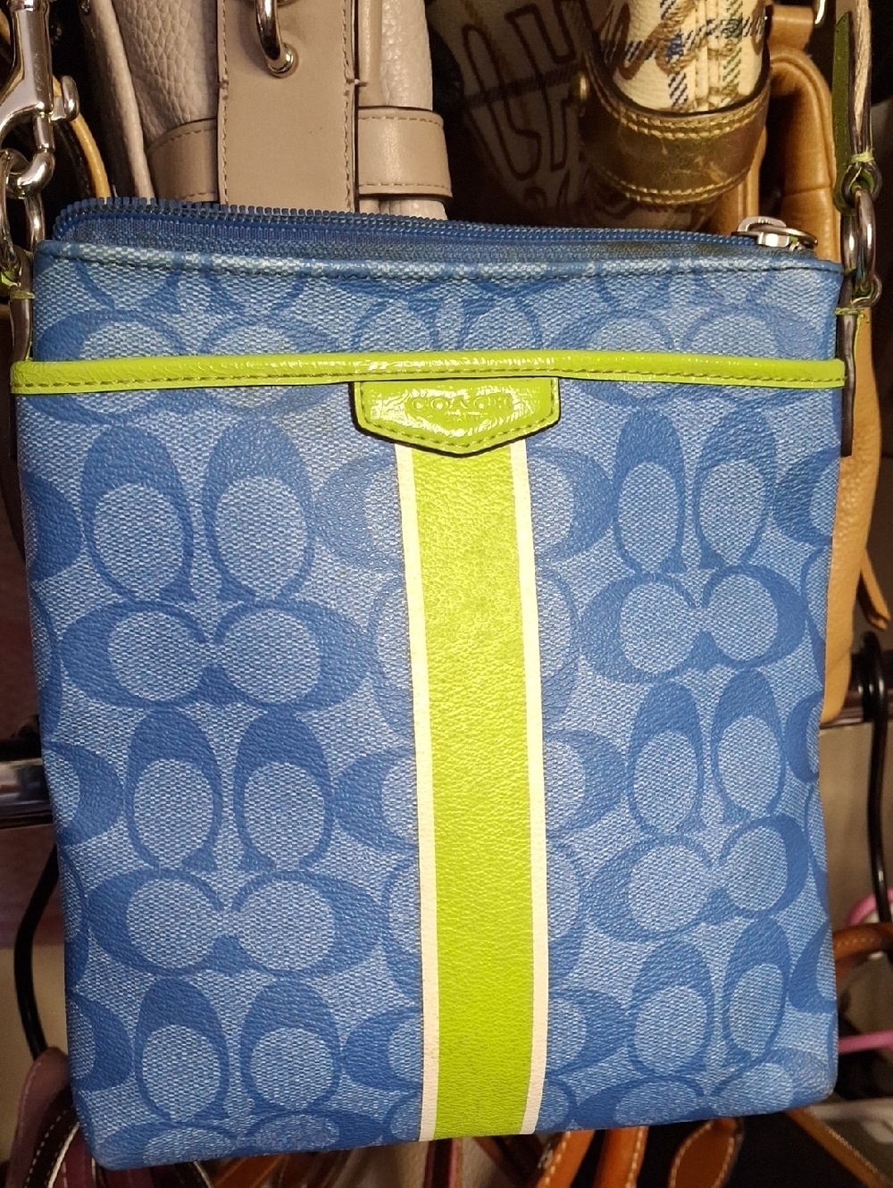 EUC COACH BLUE GREEN COATED CANVAS CROSSBODY BAG light mark back